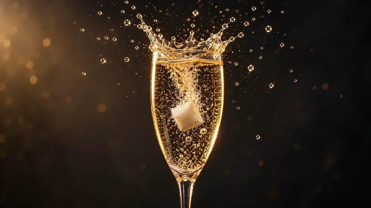 Sugar cube dropping into a flute of sparkling wine with a golden splash, illustrating sweetness in Brut and Extra Dry