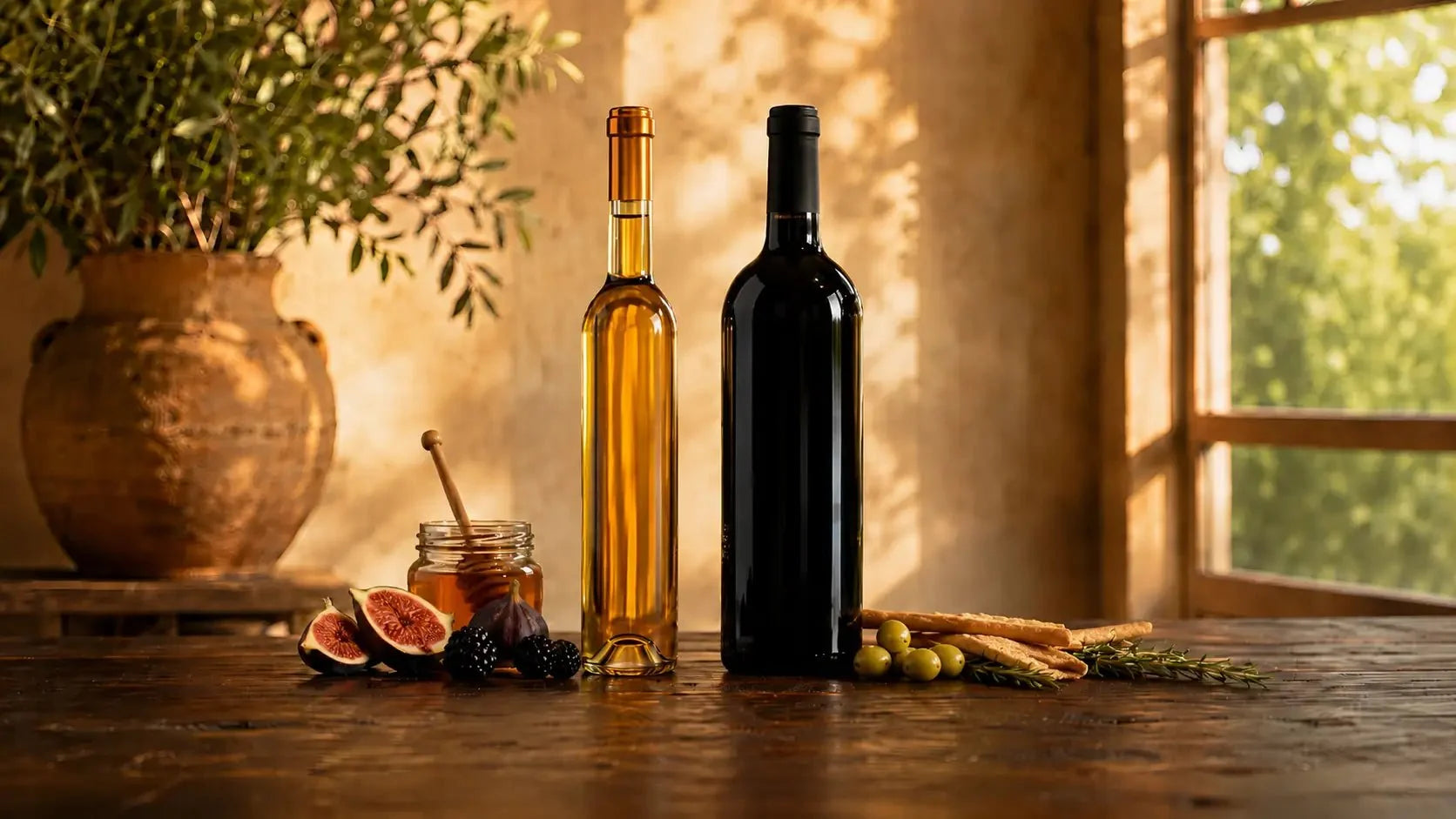 Two wine bottles on a rustic wooden table with figs, blackberries, honey jar, olives, breadsticks and rosemary, warm golden light