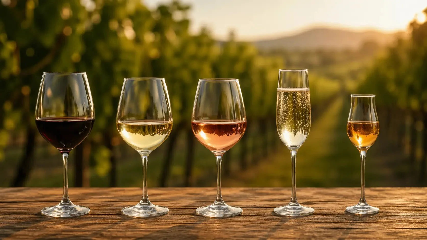 Five glasses of red wine, white wine, rosé wine, sparkling wine, and dessert wine on a rustic table in a vineyard at sunset