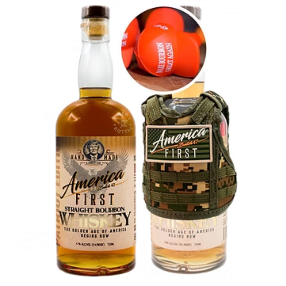 America First Straight Bourbon Whiskey 750 ml bottle wearing camo tactical vest with America First patch, 94 proof.