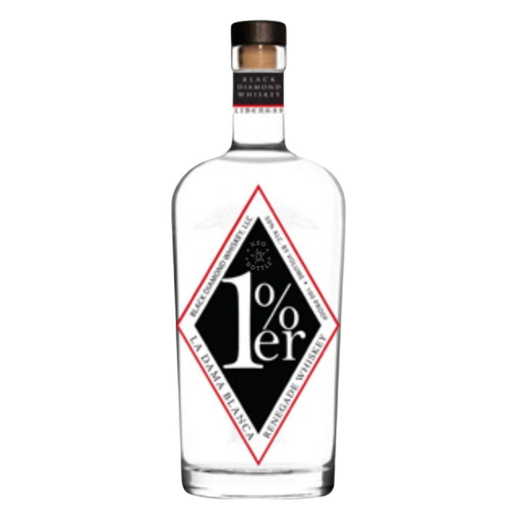 Bottle of 1%er Black Diamond Whiskey La Dama Blanca 750 ml with diamond label design, fireworks background