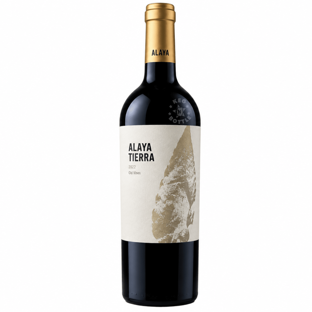 Alaya Tierra Old Vines Spanish red wine 750mL bottle featuring a cream label with gold mountain artwork and gold capsule.
