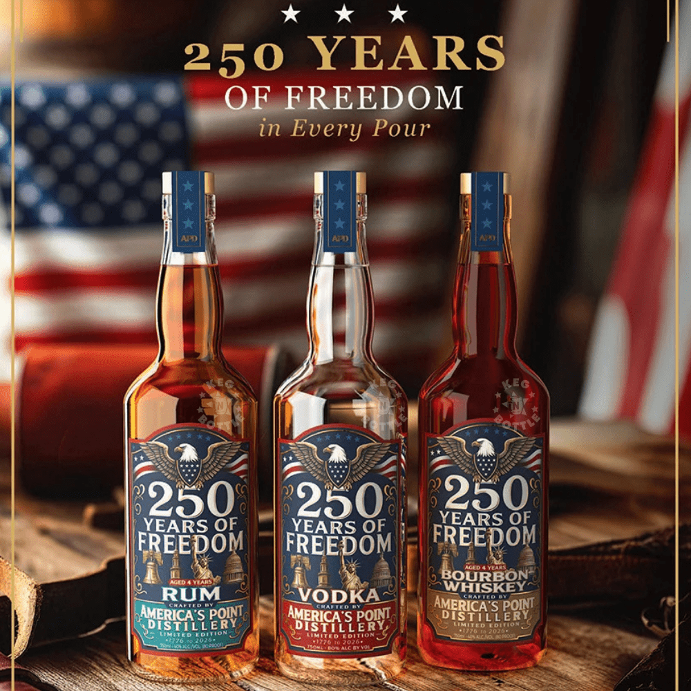 250 Years of Freedom Spirits Collection Combo Pack with Vodka Rum and Bourbon Whiskey 3 x 750mL limited edition bottles by America's Point Distillery. 2