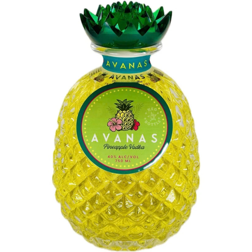 AVANAS Pineapple Vodka 750mL in signature pineapple-shaped decanter, 10x distilled and bottled at 40% ABV.