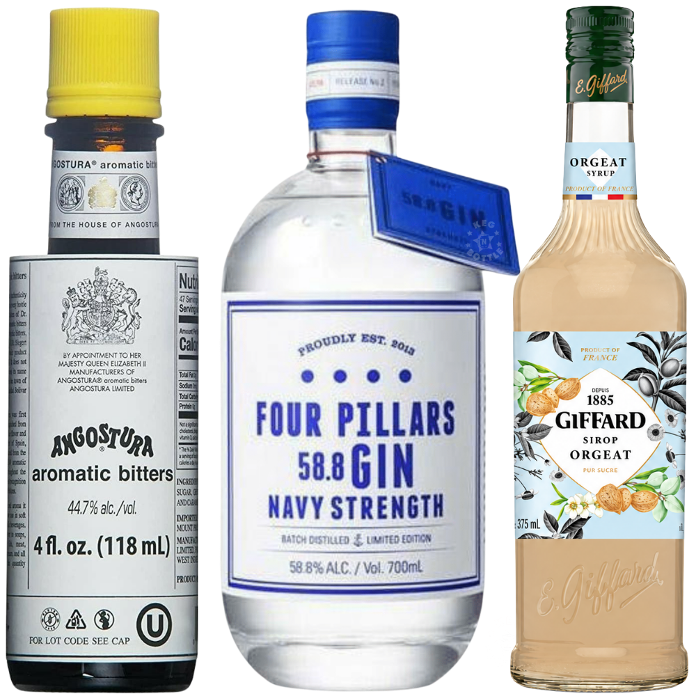 Army & Navy Gin Cocktail Kit with Four Pillars Navy Strength Gin 750mL, Giffard Sirop Orgeat 375mL, and Angostura Aromatic Bitters 4 oz.