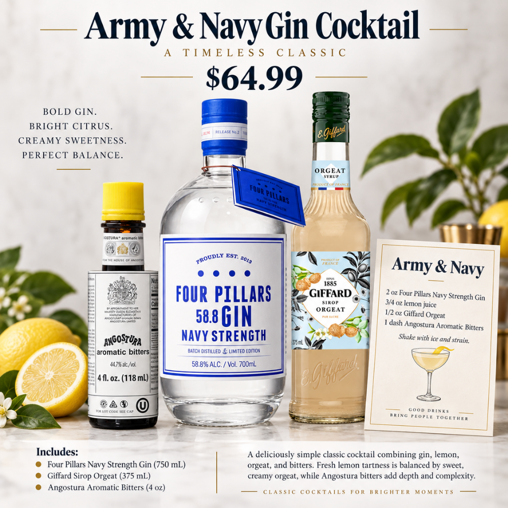 Army & Navy Gin Cocktail Kit with Four Pillars Navy Strength Gin 750mL, Giffard Sirop Orgeat 375mL, and Angostura Aromatic Bitters 4 oz. Recipe Card