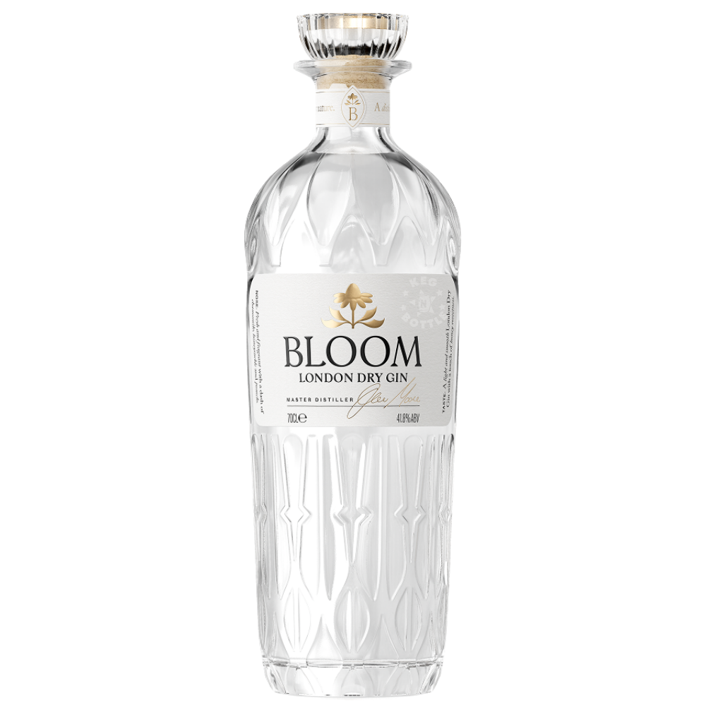 BLOOM London Dry Gin 700mL bottle at 41.8% ABV with distinctive embossed glass design.