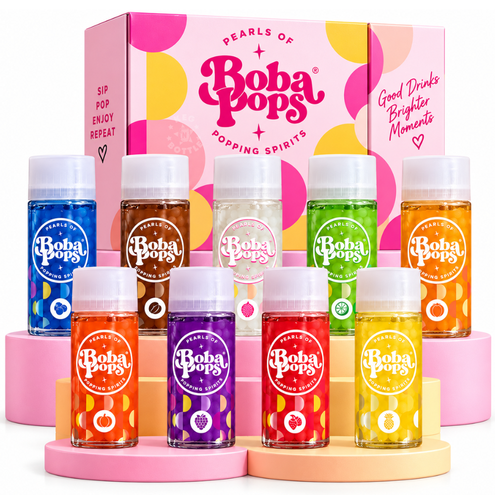 Boba POPS 9 Flavor Variety Pack featuring nine 375mL bottles of colorful flavored liqueurs with popping boba pearls.