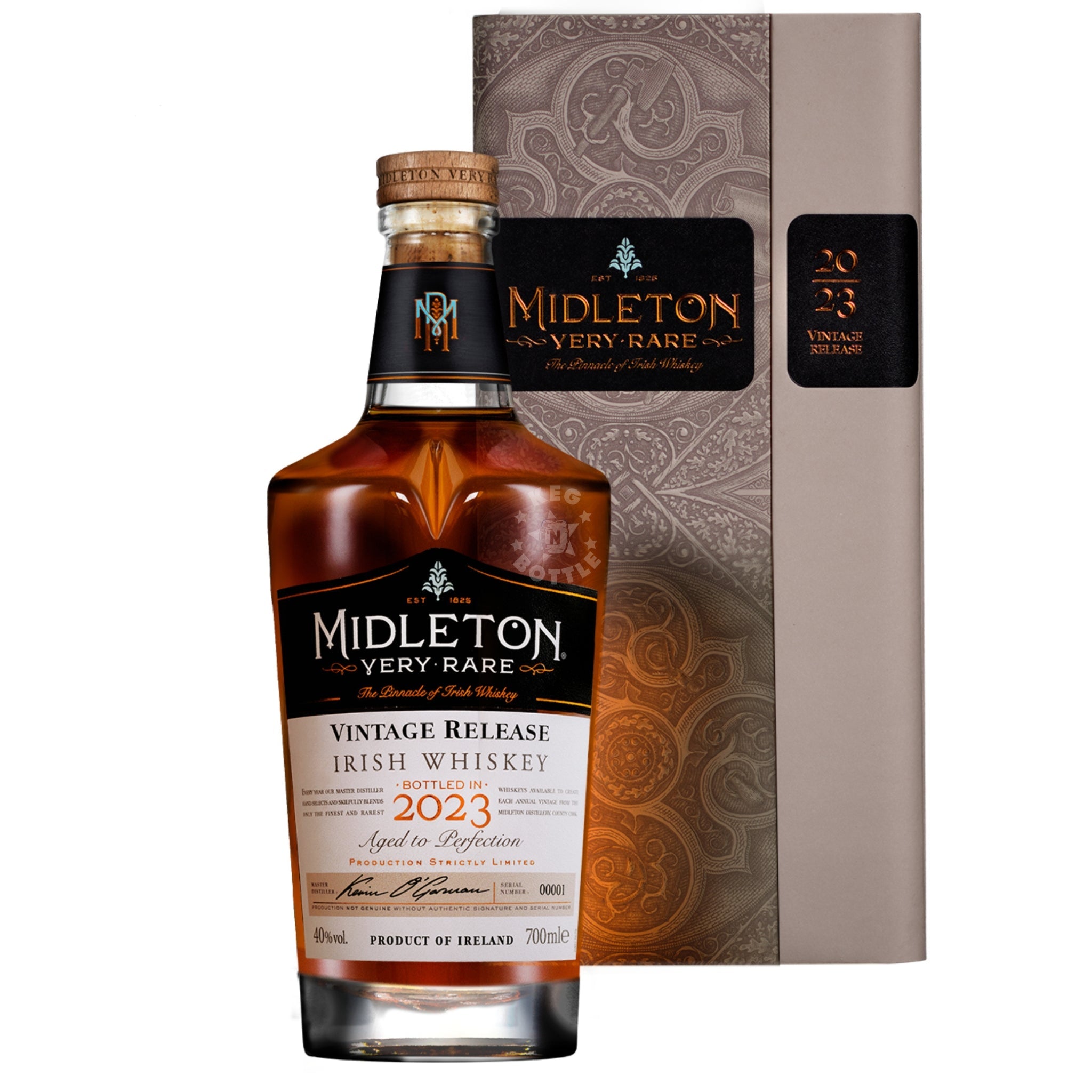 Bottle of Midleton Very Rare 2023 Vintage Release Irish Whiskey with luxury presentation box and complimentary engraving promotion