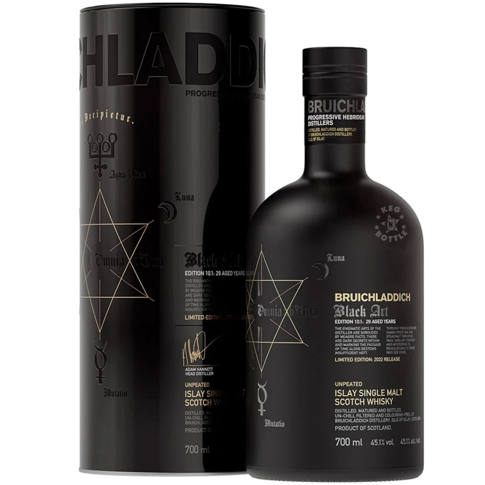 Bruichladdich Black Art Edition 10.1 29 Year Old Unpeated Islay Single Malt Scotch Whisky 700mL with limited edition presentation tube.