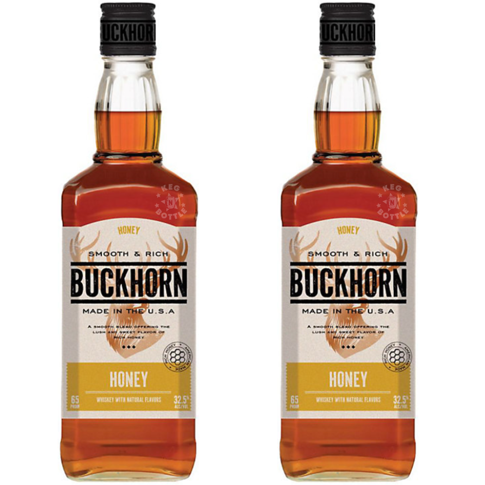 Buckhorn Honey Flavored Whiskey 2-Pack featuring two 750mL bottles of golden amber honey whiskey with a distinctive yellow honey label.