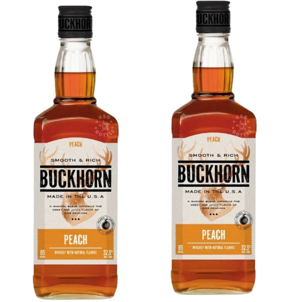 Buckhorn Peach Whiskey 2-Pack featuring two 750mL bottles of amber-colored peach-flavored American whiskey with the signature Buckhorn deer logo and orange Peach label.