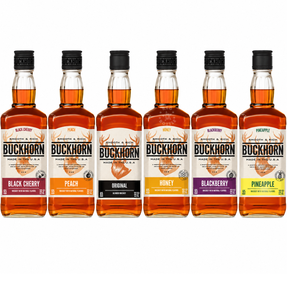 Buckhorn Whiskey Collection 6-Bottle Bundle featuring six 750mL bottles of Buckhorn Black Cherry, Peach, Original, Honey, Blackberry, and Pineapple American Whiskey displayed together on a white background.