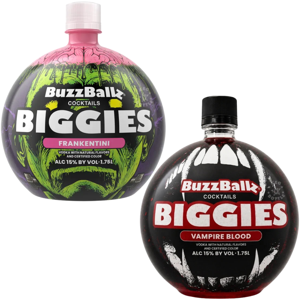 BuzzBallz Biggies Halloween Frankentini and Vampire Blood cocktail combo pack with two 1.75L ready-to-drink vodka cocktails.