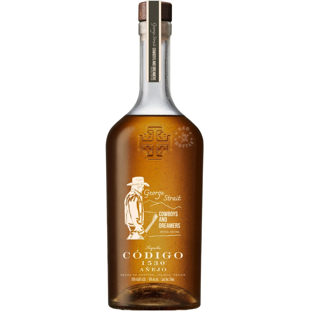 Código 1530 George Strait Cowboys and Dreamers Añejo Tequila 750mL amber bottle featuring George Strait's signature and special-edition cowboy artwork.