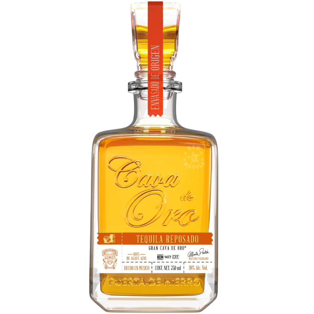 Cava de Oro Tequila Reposado 750mL bottle made with 100% blue agave and presented in an elegant glass decanter.
