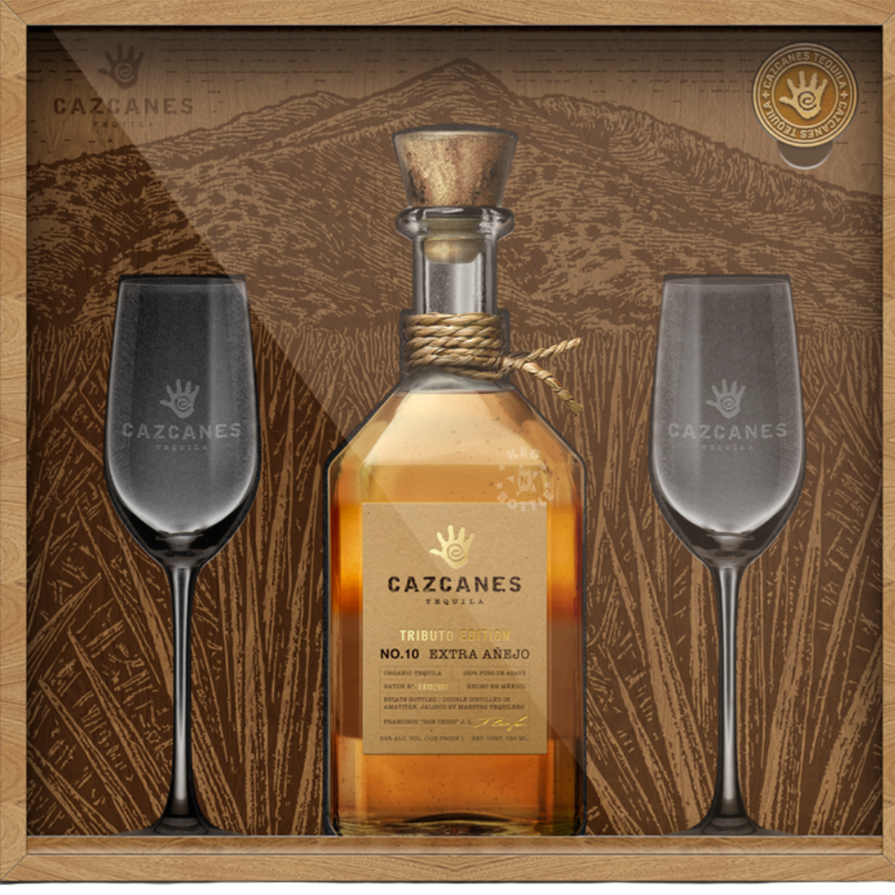 Cazcanes Tributo Edition No. 10 Extra Añejo Tequila limited-edition wooden gift set with collector coin and two Copita glasses.