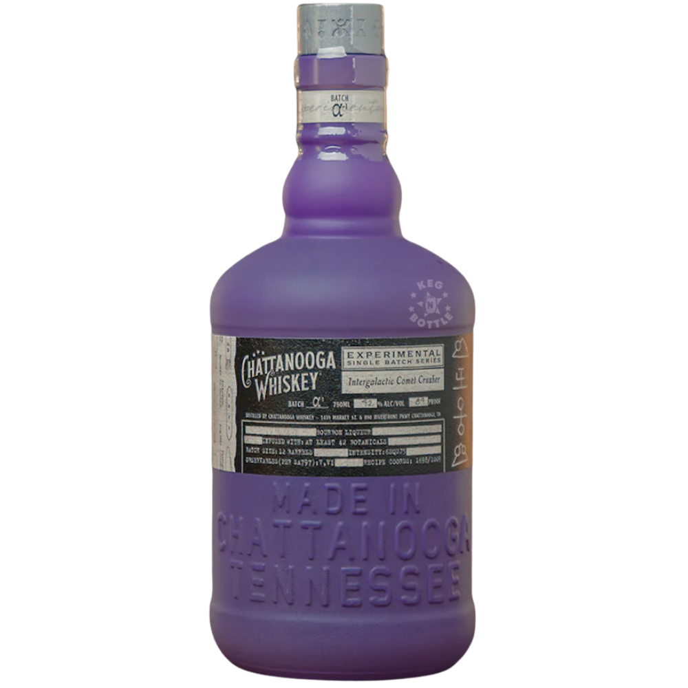 Chattanooga Whiskey Intergalactic Comet Crusher Experimental Single Batch Bourbon Liqueur 750mL in a distinctive purple bottle with a black label.