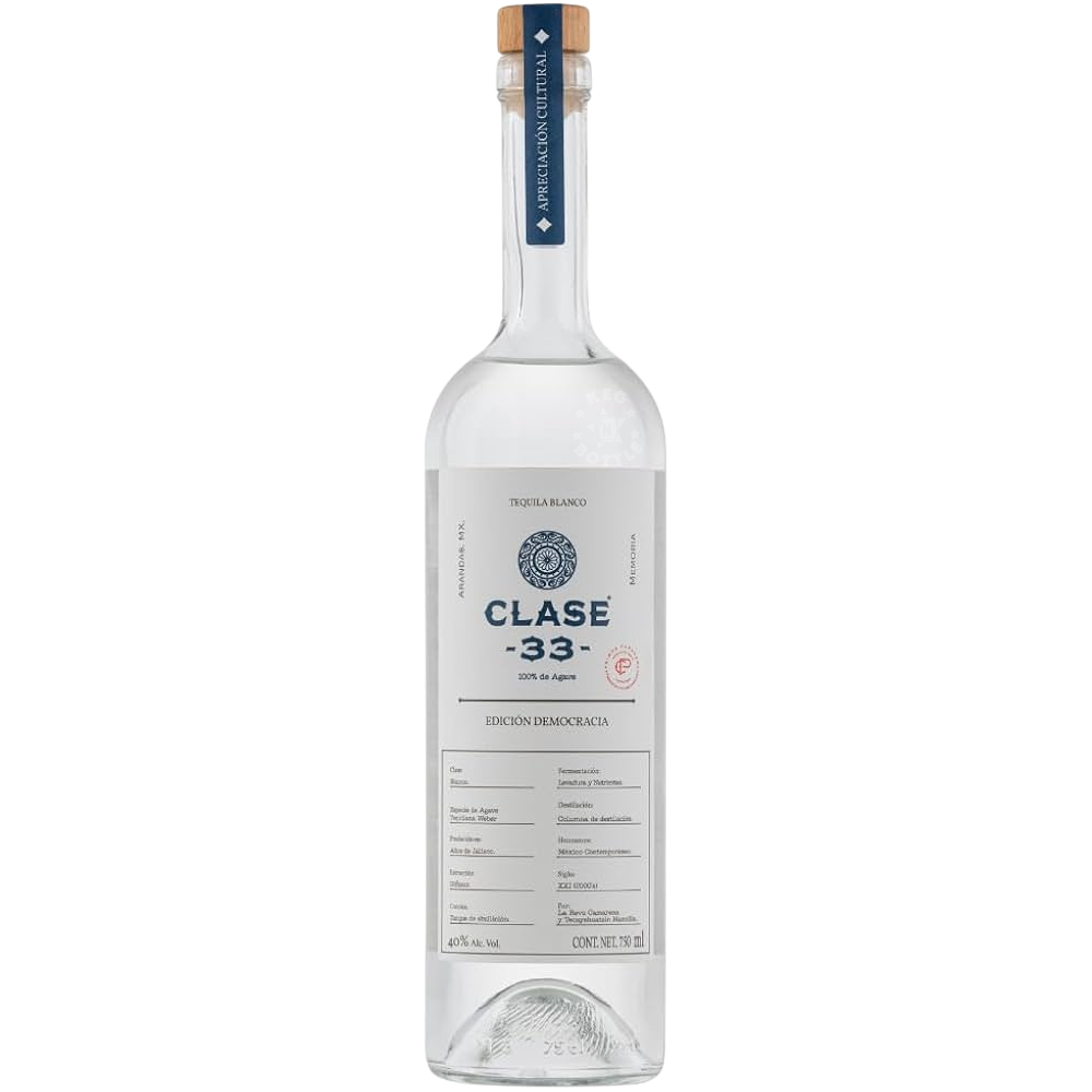 Clase 33 Democracia Blanco Tequila 750mL bottle crafted from 100% Blue Weber Agave in the Highlands of Jalisco, Mexico, featuring a modern minimalist design.