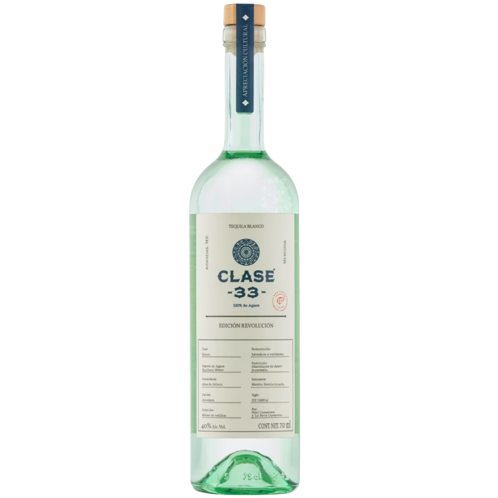 Clase 33 Revolución Blanco Tequila 750mL bottle crafted from 100% Blue Weber Agave in the Highlands of Jalisco, Mexico, inspired by the Mexican Revolution era.