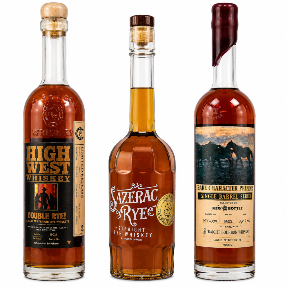 Country Combo Pack featuring Wine Country Bourbon, Keg N Bottle It's Country Single Barrel Bourbon, and Rare Character Presents Single Barrel Series Cask Strength Bourbon, three 750mL bourbon bottles. 2