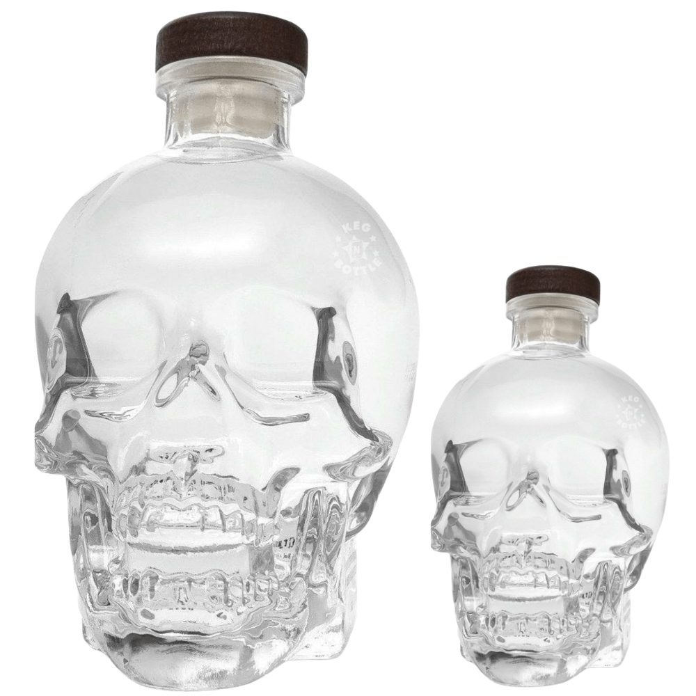 Crystal Head Vodka Gift Set featuring 750mL and 50mL clear skull bottles.
