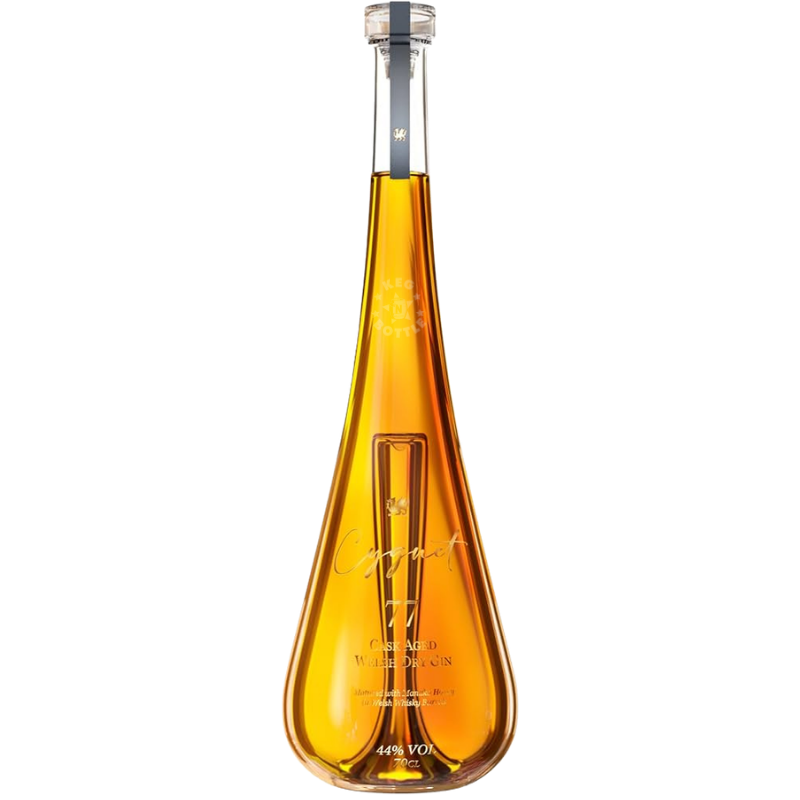Cygnet 77 Cask Aged Welsh Dry Gin matured with Manuka honey in Welsh whisky barrels 700mL bottle.