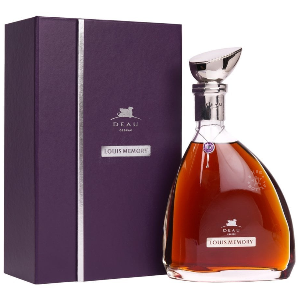 DEAU Louis Memory Cognac 750mL luxury decanter with purple presentation gift box.