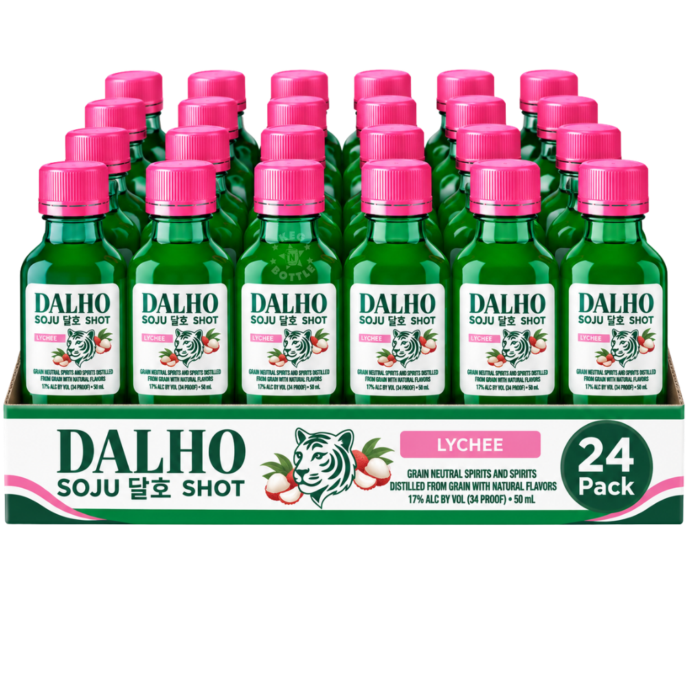 Dalho Lychee Soju Shot 24-Pack featuring 24 individual 50mL mini bottles of lychee flavored soju.