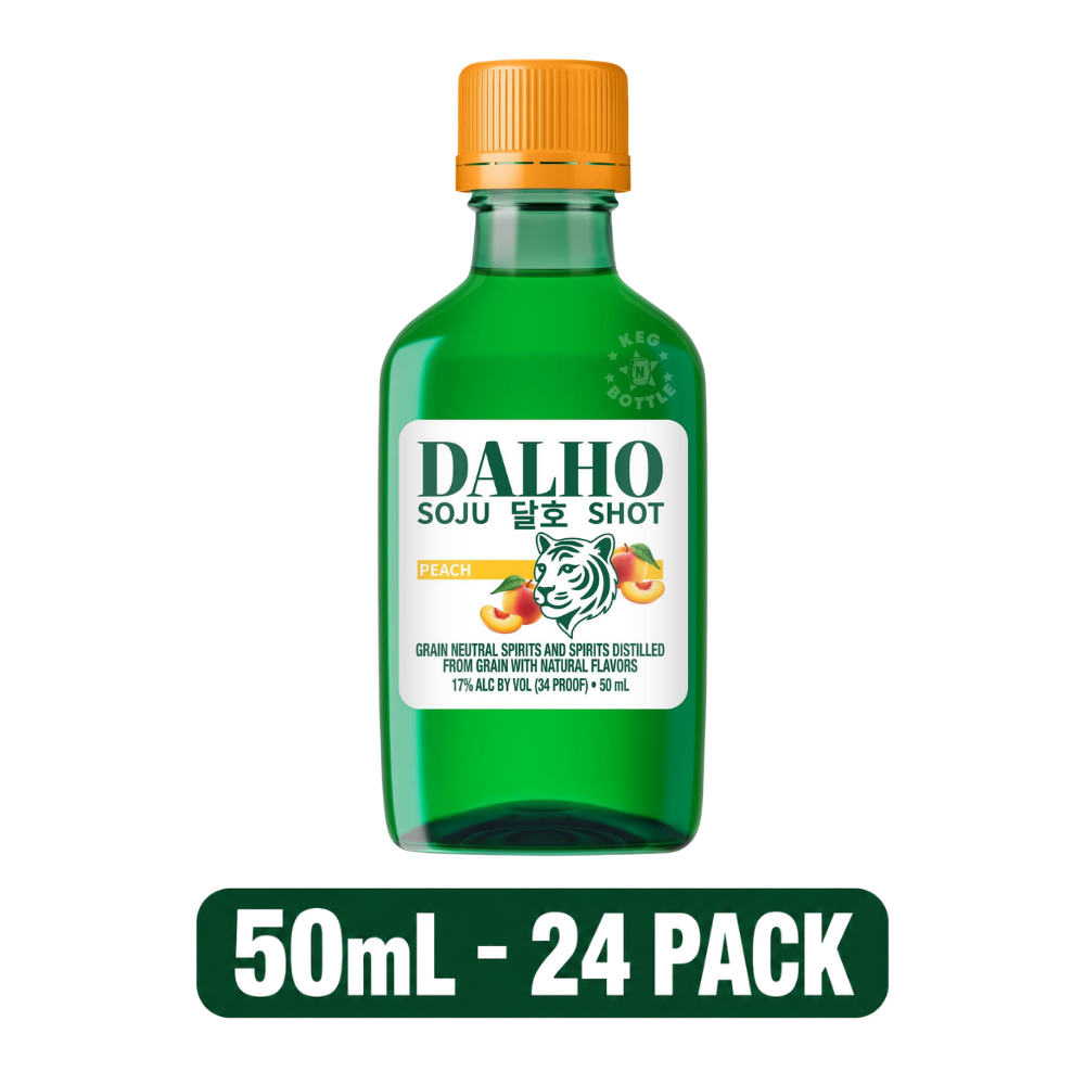 Dalho Peach Soju Shot 24-Pack featuring 24 individual 50mL mini bottles of peach flavored soju. 2