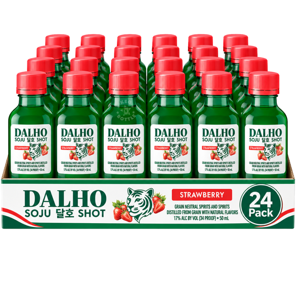 Dalho Strawberry Soju Shot 24-Pack featuring 24 individual 50mL mini bottles of strawberry flavored soju.