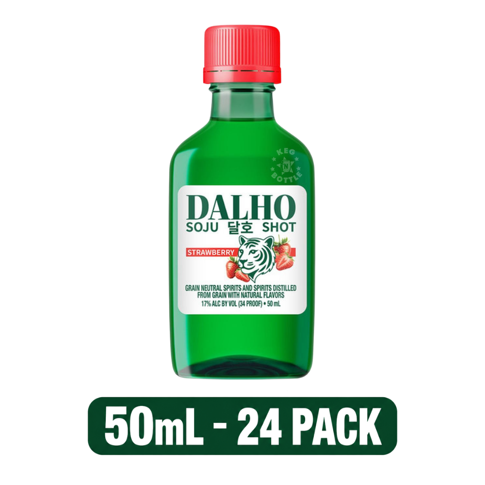Dalho Strawberry Soju Shot 24-Pack featuring 24 individual 50mL mini bottles of strawberry flavored soju. 2
