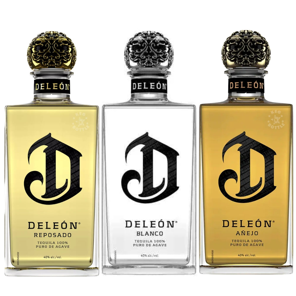DeLeón Tequila three bottle bundle featuring Reposado, Blanco, and Añejo Tequila 750mL bottles.
