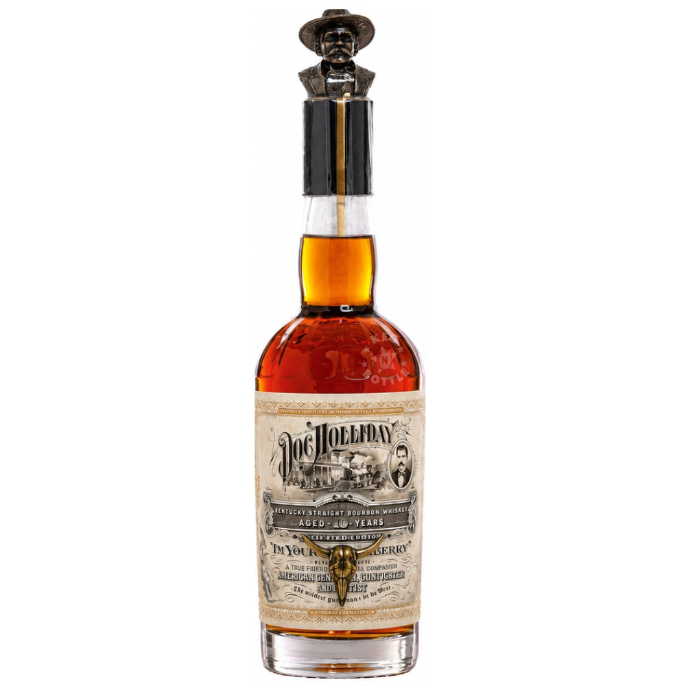 Doc Holliday 10 Year 175th Anniversary Kentucky Straight Bourbon Whiskey 750mL commemorative bottle with decorative Doc Holliday stopper.