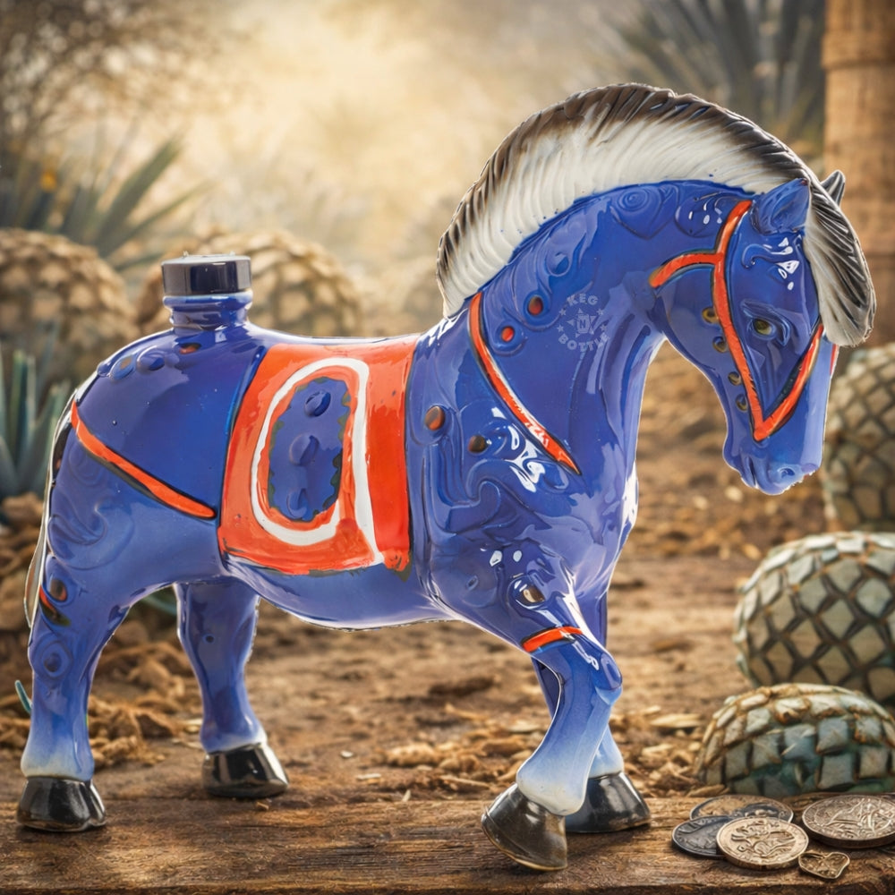 Don Chinto Blue Horse Tequila Añejo 750ml hand-painted ceramic horse bottle from Jalisco Mexico 40% ABV Background