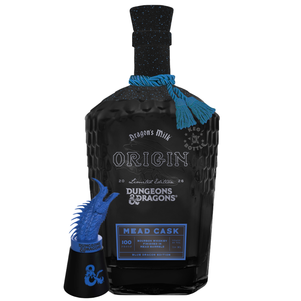 Dragon's Milk Origin Dungeons & Dragons Mead Cask Blue Dragon Edition Bourbon Whiskey 750mL black bottle with blue accents, decorative tassel, and blue dragon accessory.