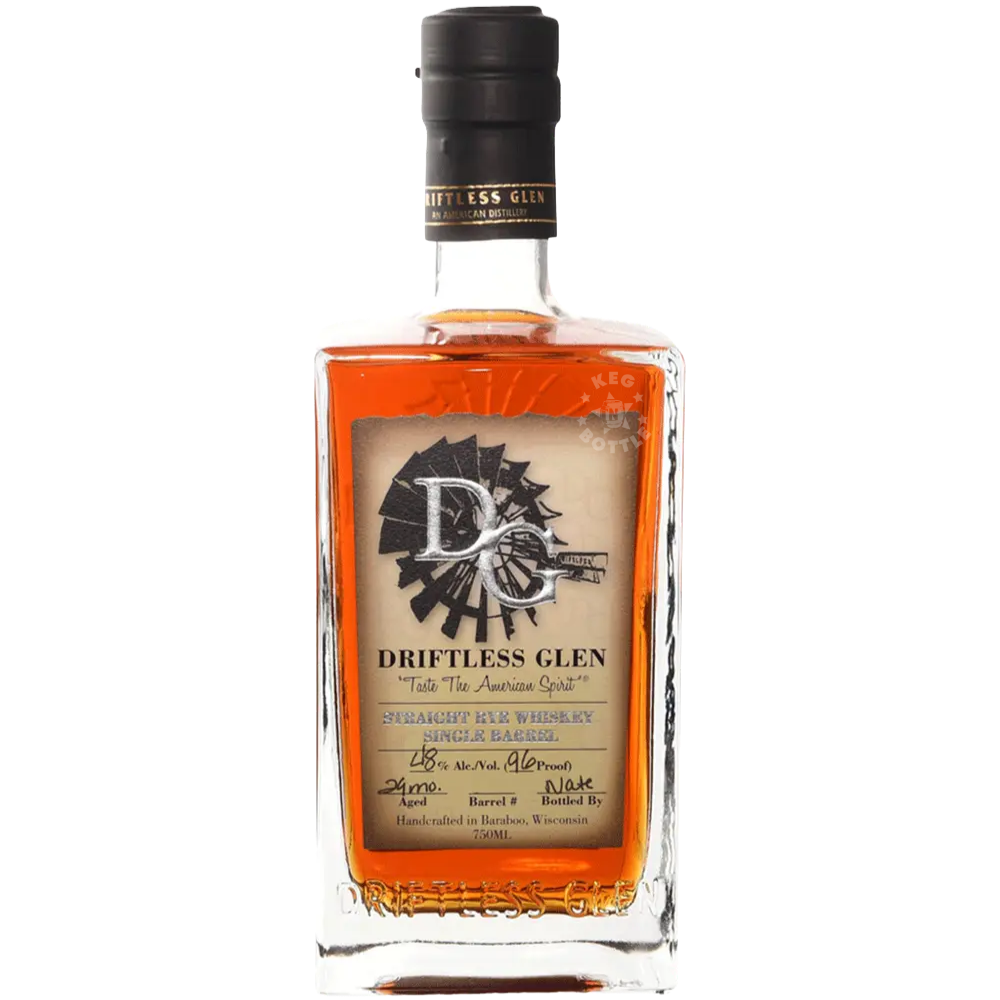 Driftless Glen Single Barrel Straight Rye Whiskey 750mL bottle, handcrafted in Baraboo, Wisconsin and bottled at 96 proof.