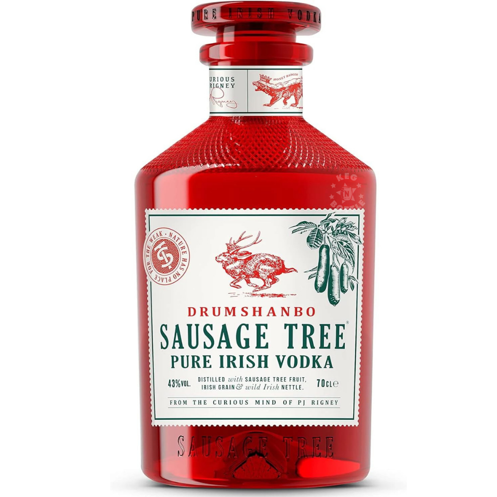 Drumshanbo Sausage Tree Irish Vodka 750mL in its distinctive red bottle with white label.
