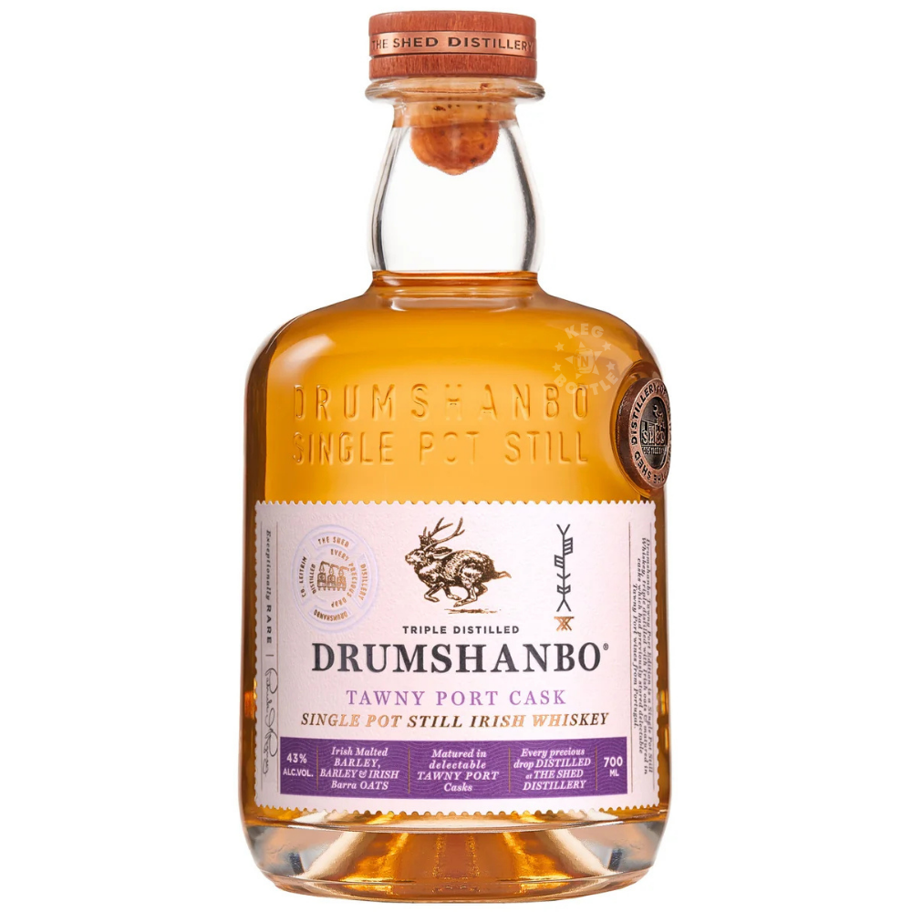 Drumshanbo Single Pot Still Irish Whiskey Tawny Port Cask Finish 750mL bottle with purple gift box.