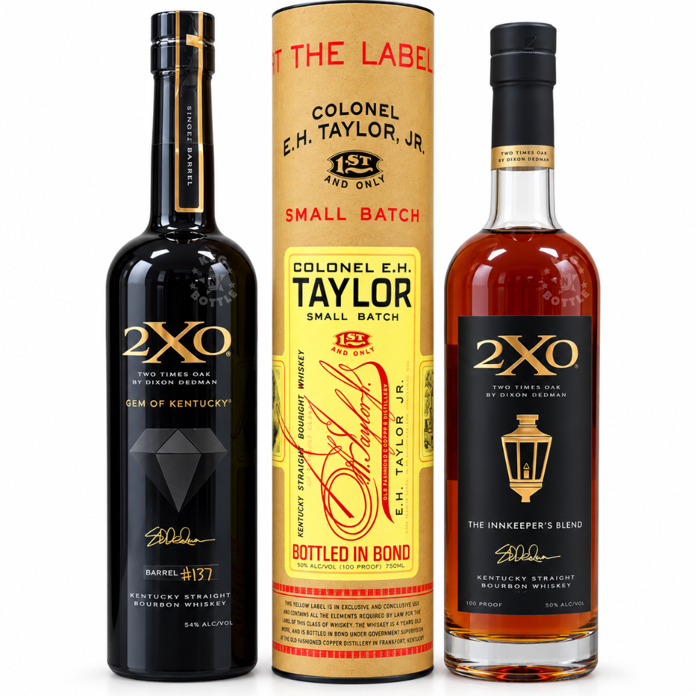 E.H. Taylor x 2XO Premium Bourbon Whiskey Combo Pack featuring Colonel E.H. Taylor Jr. Small Batch, 2XO Gem of Kentucky Single Barrel, and 2XO The Innkeeper's Blend, three 750mL bottles.