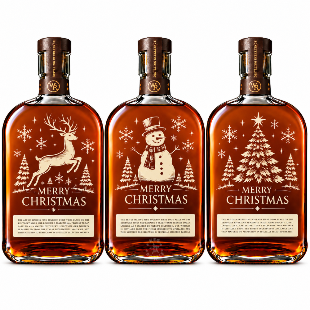Engraved Christmas Woodford Reserve Bourbon Whiskey 750mL featuring Christmas Tree, Snowman, and Reindeer engraving designs.