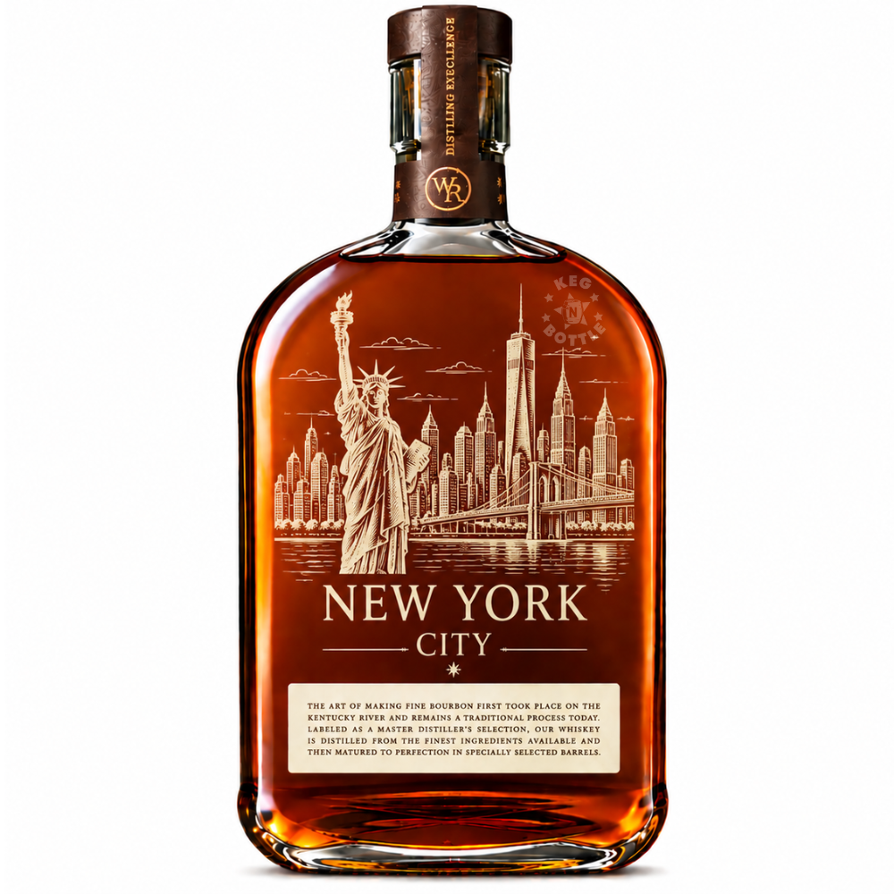 Engraved New Year Woodford Reserve Bourbon Whiskey 750mL featuring New York Skyline designs.
