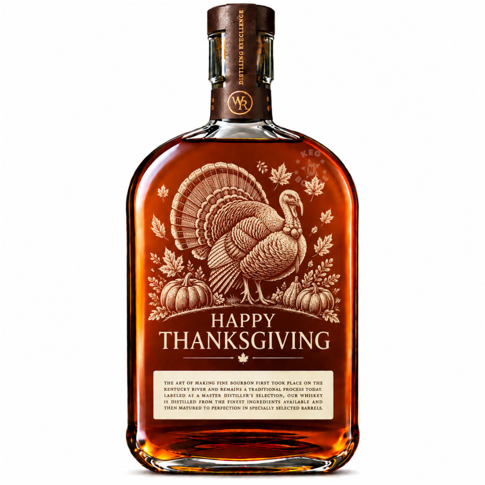 Engraved Thanksgiving Woodford Reserve Bourbon Whiskey 750mL featuring Turkey engraving designs.