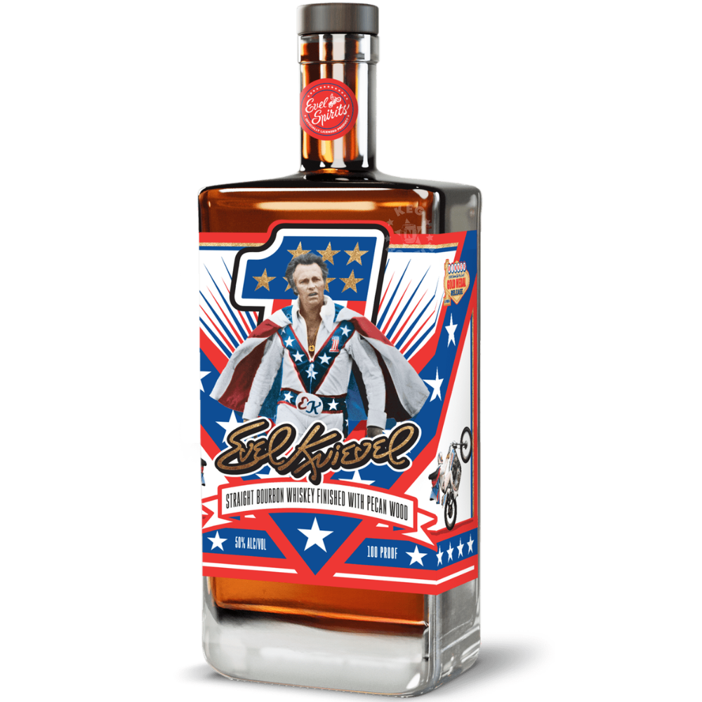 Evel Knievel Pecan Finished Straight Bourbon Whiskey 750mL bottle, finished with native Oklahoma pecan wood and pecan shells at 100 proof.