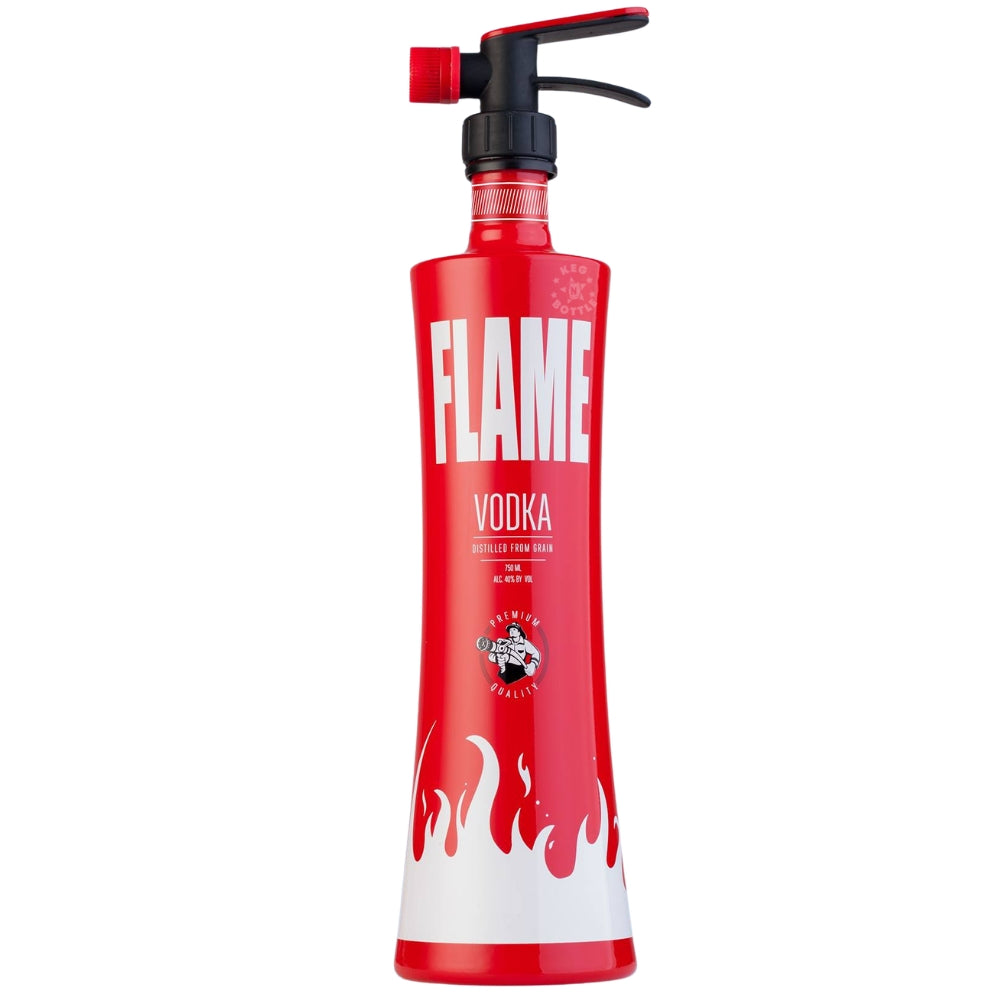 Flame Premium Vodka 750ml in red fire extinguisher shaped novelty bottle.