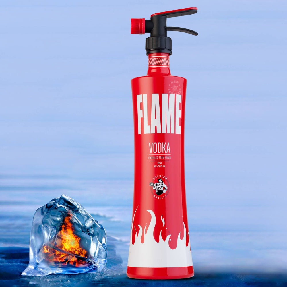 Flame Premium Vodka 750ml in red fire extinguisher shaped novelty bottle. 2