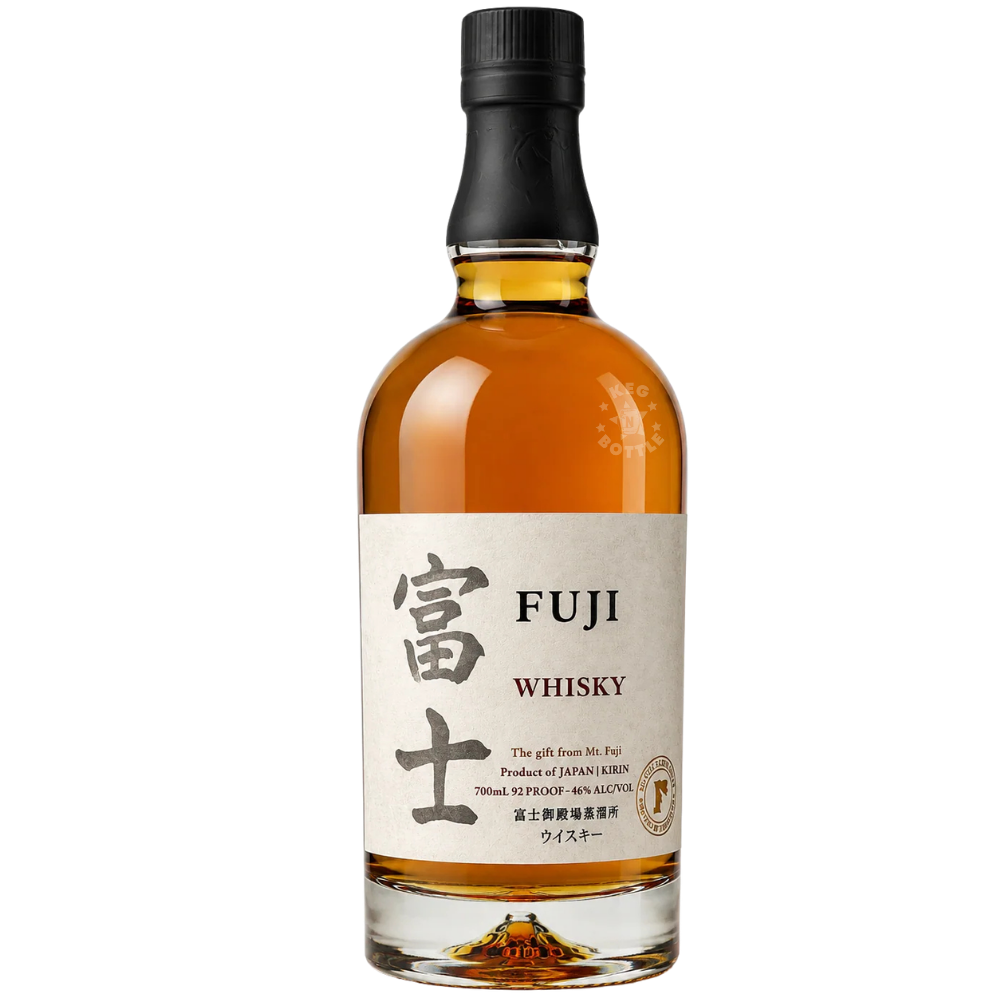 Fuji Japanese Whisky 700mL bottle featuring golden amber whisky, a cream label with Japanese characters, and black bottle closure.