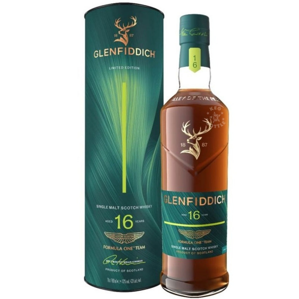 Glenfiddich 16 Year Old Aston Martin Formula One Team Limited Edition Release No. 2 750mL Single Malt Scotch Whisky bottle with presentation tube.