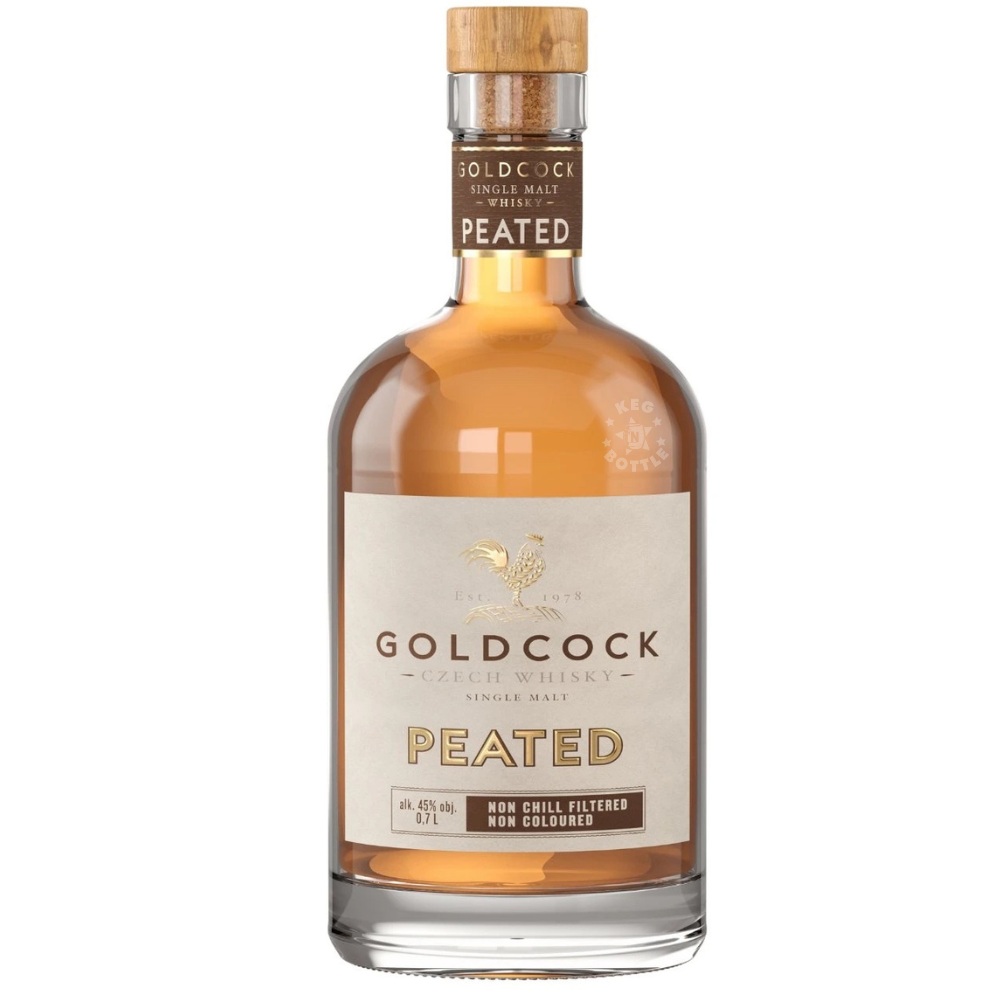 Gold Cock Peated Single Malt Whisky 700mL bottle from the Czech Republic, non-chill filtered and non-coloured, bottled at 45% ABV and 90 proof.