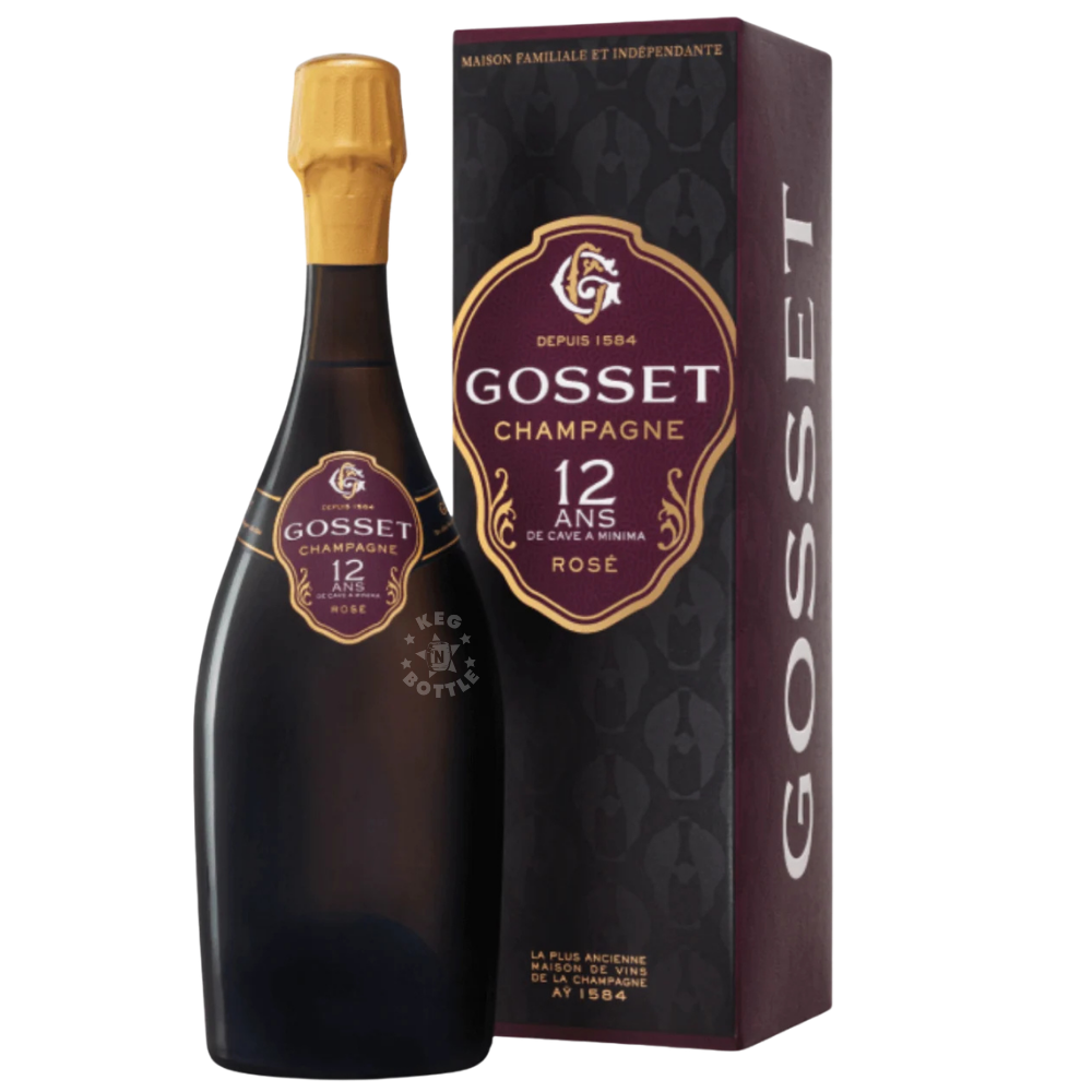 Gosset 12 Ans de Cave a Minima Rosé Champagne 750mL dark antique-style bottle with burgundy and gold label, presented with a black Gosset gift box.